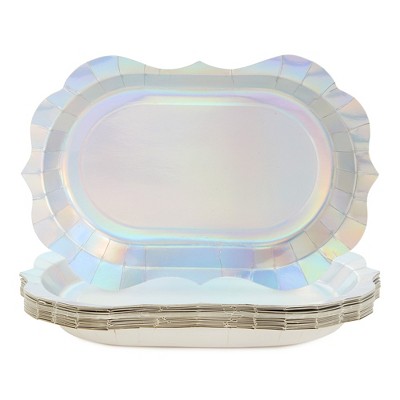 Sparkle and Bash 24 Pack Silver Holographic Disposable Party Serving Trays with Foil Edge, 13 x 9 in
