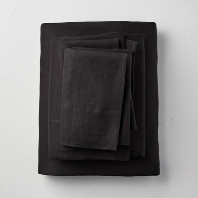 Full 100% Washed Linen Solid Sheet Set Washed Black - Casaluna™