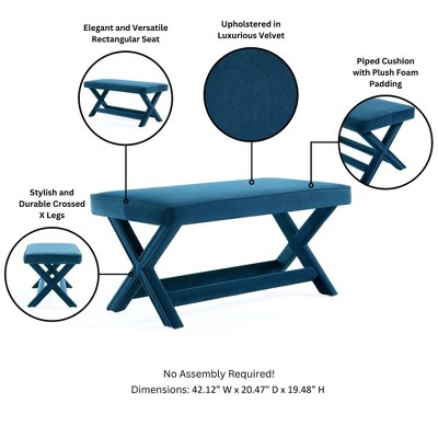 Abigail Blue Velvet Upholstered Double Ottoman with Solid Wood Frame