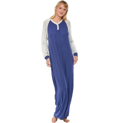 ADR Women's Soft Knit Nightgown, Full Length Long Henley Night Gown Pajamas Raglan Sleep Dress with Pockets