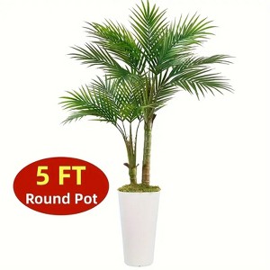 5ft Realistic Artificial Palm Tree in White Planter | Faux Tropical Plant for Indoor Home Decor | Modern & Lifelike Greenery - 1 of 4