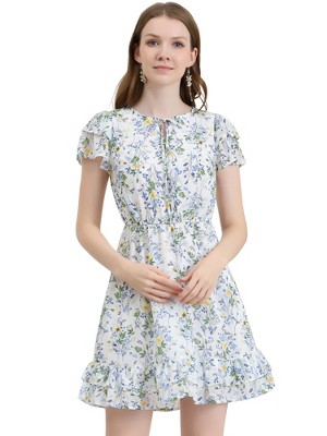 INSPIRE CHIC Women's Ruffle Sleeve Self-Tie V Neck Mini A-Line Floral Dress