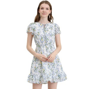 INSPIRE CHIC Women's Ruffle Sleeve Self-Tie V Neck Mini A-Line Floral Dress - 1 of 4