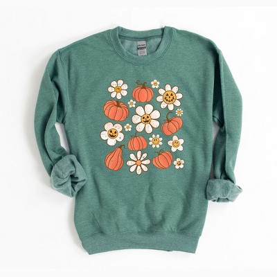 Simply Sage Market Women's Graphic Sweatshirt Distressed Flowers And Pumpkin