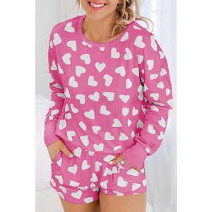 Pink Valentine Heart Shape Print Long Sleeve Top Shorts Lounge Set - 1 of 2
