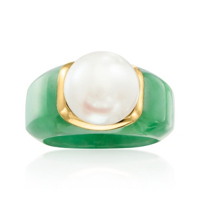 Ross-Simons 11.5-12mm Cultured Pearl and Jade Ring With 14kt Yellow Gold