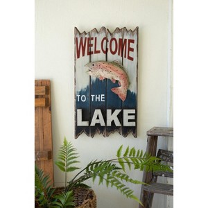 Wall Sign with Trout 25.5"H - Welcome to the Lake Wooden, Rustic Distressed Lakehouse Decor by Kalalou - 1 of 3