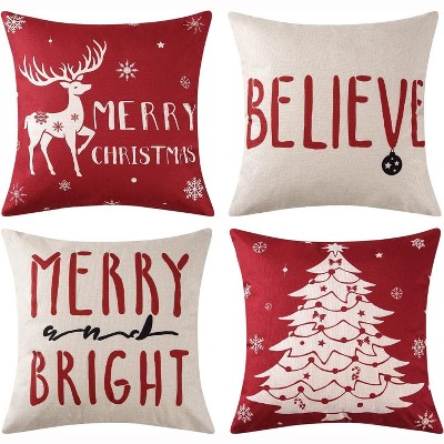 TackView Set of 4 Christmas Throw Pillow Covers 18x18, Farmhouse Outdoor Decor with Deer & Rustic Winter Patterns, Holiday Cushion Cases,red