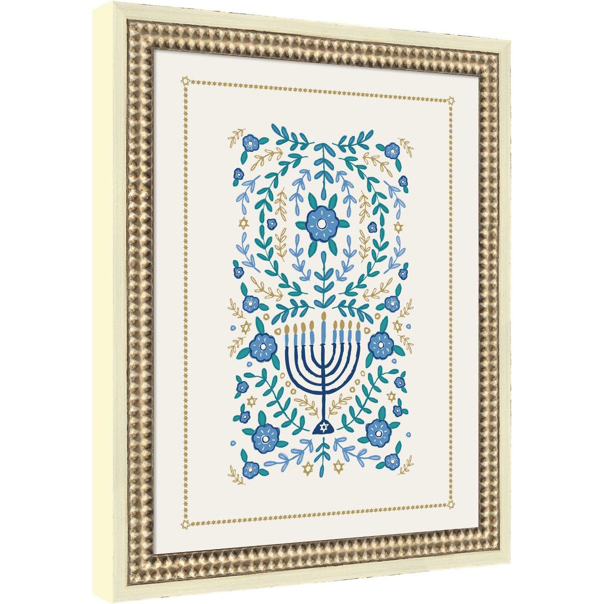 Kate and Laurel VYD Hanukkah Garden by Vicky Yorke Framed Mounted Canvas Wall Art Print, Castellan Distressed White, 13x16