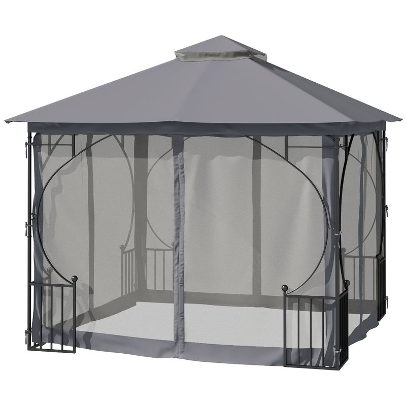 Outsunny 10' x 10' Patio Gazebo Canopy Outdoor Pavilion with Mesh Netting SideWalls, 2-Tier Polyester Roof, & Steel Frame, 4 of 7