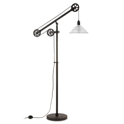 Hudson and Canal Pulley System Floor Lamp with Ribbed Glass Shade Blackened Bronze/Clear: Adjustable Height, Metal Body