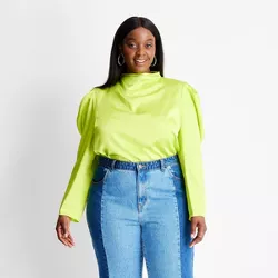 Women's Plus Size Puff Shoulder Long Sleeve Mock Neck Blouse - Future Collective™ with Kahlana Barfield Brown Lime Green 4X
