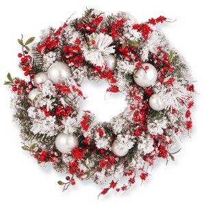 24" Artificial Christmas Wreath with Frosted Branches, Ball Ornaments and Berry Clusters - National Tree Company - 1 of 4