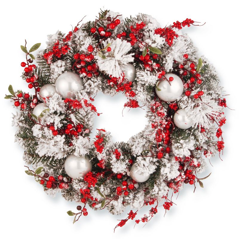 24" Artificial Christmas Wreath with Frosted Branches, Ball Ornaments and Berry Clusters - National Tree Company, 1 of 6