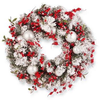 24" Artificial Christmas Wreath with Frosted Branches, Ball Ornaments and Berry Clusters - National Tree Company