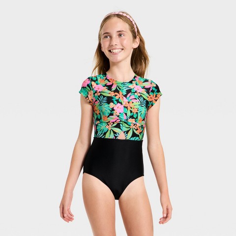 Детские купальники Cat & Jack Girls' Short Sleeve Sunset Tropics One Piece Swimsuit - Cat & Jack™ Black M