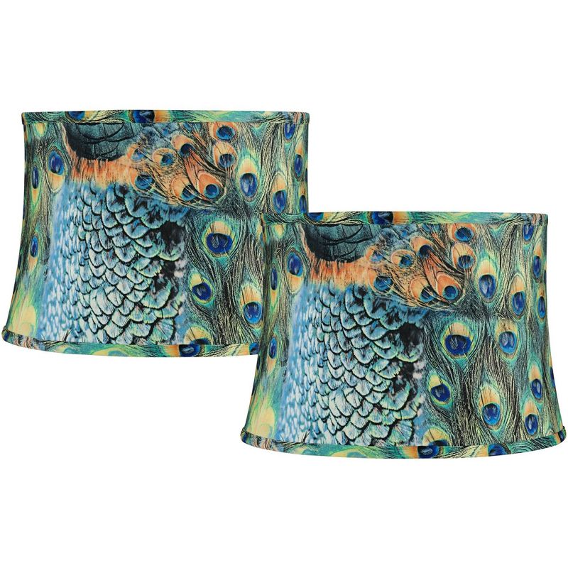 Springcrest Set of 2 Peacock Print Medium Drum Lamp Shades 14" Top x 16" Bottom x 11" High (Spider) Replacement with Harp, 1 of 11