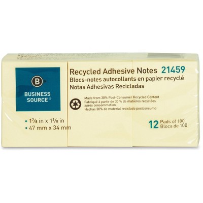 Business Source Recycled Adhesive Note Pads 1-7/8" x 1-3/8" 12/PK Yellow 21459