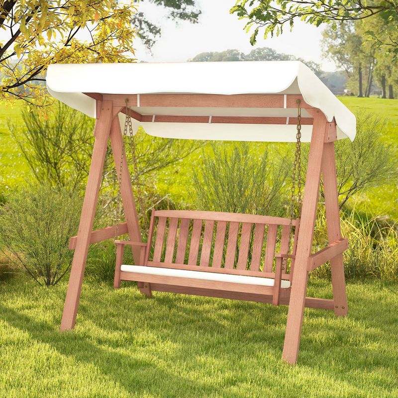 Costway Wood Porch Swing with Canopy Outdoor Patio 2-Seat Swing Bench with Cushions Backyard, 2 of 11
