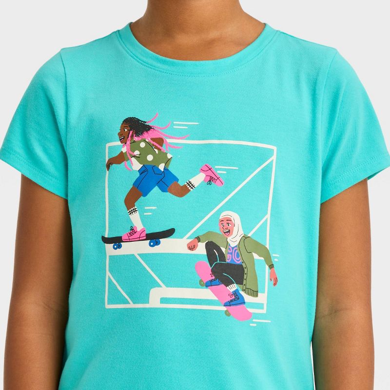 Girls&#39; Short Sleeve &#39;Skateboarders&#39; Graphic T-Shirt - Cat &#38; Jack&#8482; Turquoise Blue, 3 of 5