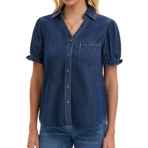 INSPIRE CHIC Women's Denim Summer Casual V Neck Short Puff Sleeve Button Front Jean Blouses - 1 of 4