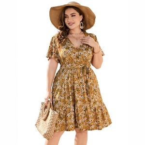 BLUEMING Plus Size Womens Dresses V Neck Floral Flutter Sleeve Midi Surplice Dress Waist Belted Floral Tie Waist Dress Bell Sleeve Dress Flowy Dress - 1 of 4