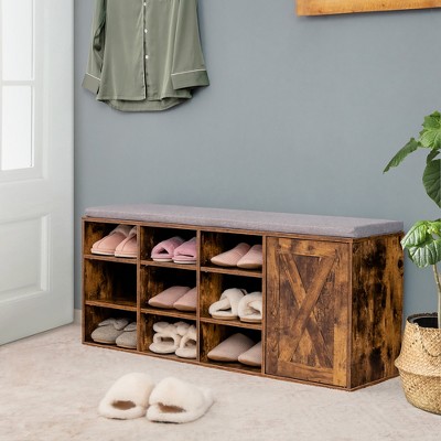 Rustic Brown Shoe Bench with Padded Cushion and Storage