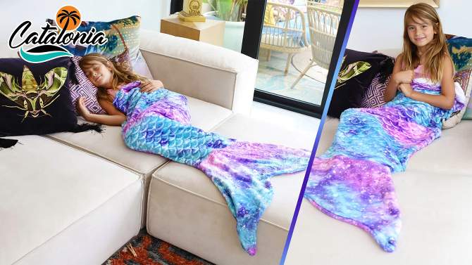 Catalonia Kids Mermaid Tail Blanket, Super Soft Plush Flannel Sleeping Blanket for Girls, Rainbow Ombre, Fish Scale Pattern, Gift Idea, 2 of 8, play video