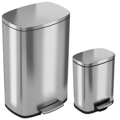 iTouchless Combo Set Step Pedal Kitchen and Bathroom Trash Cans with AbsorbX Odor Filter 13.2 and 1.3 Gallon Silver Stainless Steel