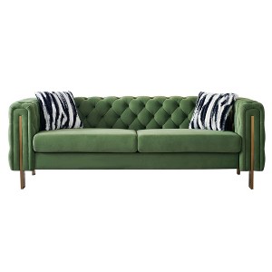 84.25" Velvet Chesterfield Sofa with Tufted Back, Gold Metal Legs and Black & White Striped Pillows - 1 of 4
