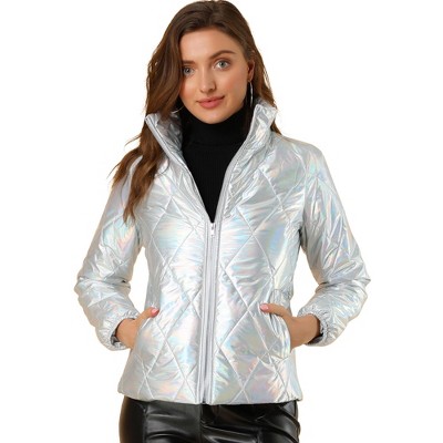INSPIRE CHIC Women's Holographic Shiny Zipper Metallic Down Puffer Jacket