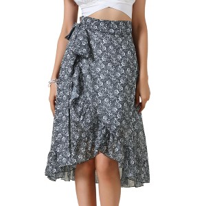 INSPIRE CHIC Women's High Waist Floral Summer Casual Ruffle Hem Tie Knot Lined A-Line Midi Skirts - 1 of 4