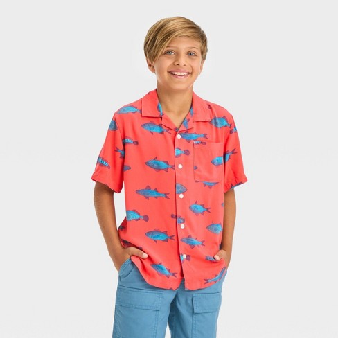 Boys' Short Sleeve Woven Fish Printed Button-Down Shirt - Cat & Jack™ Red XS