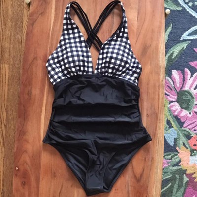 Women's Gingham One Piece Swimsuit Ruched Cross Back Vintage