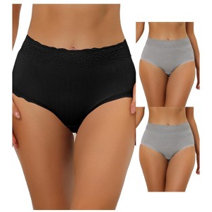 Allegra K Women's High Waist Tummy Control Comfortable Lace Trim Ribbed Briefs 3 Packs - 1 of 4