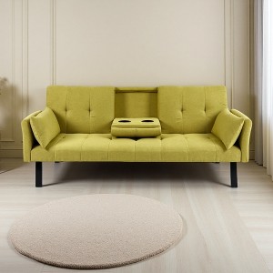 70" Cotton & Linen Multi-Functional Sofa Bed with Foldable Design & Cup Holder - 1 of 4