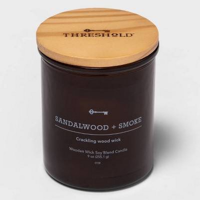 Amber Glass Sandalwood + Smoke Lidded Wooden Wick Jar Candle 9oz - Threshold&#8482;