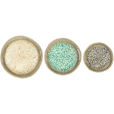 Round Woven Seagrass Trays with Capiz Starburst Design