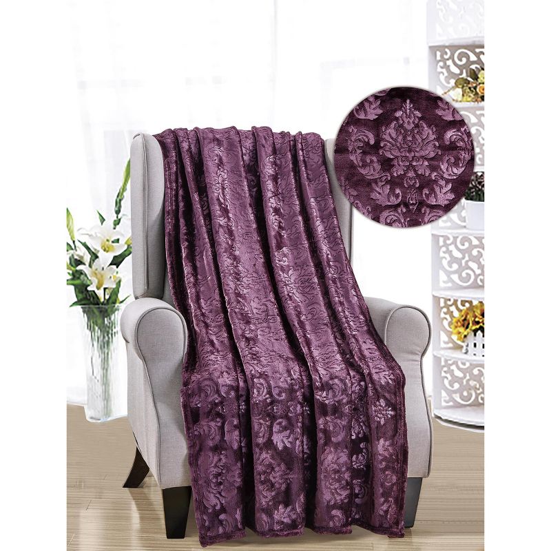 Versailles Ultra Soft Plush Contemporary Embossed Pattern All Season 50" x 60" Throw Blanket, Plum, 1 of 5
