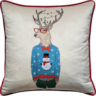 Tinsel Multicolor Christmas Reindeer Applique Embroidered 18 in. x 18 in.  Throw Pillow