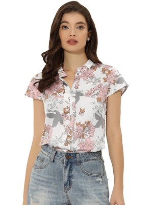 INSPIRE CHIC Women's Satin Stand Collar Work Cap Sleeve Floral Blouse