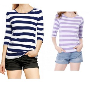 Allegra K Women's Elbow Sleeves Round Neck Slim Fit T-Shirt 2 Packs - 1 of 4