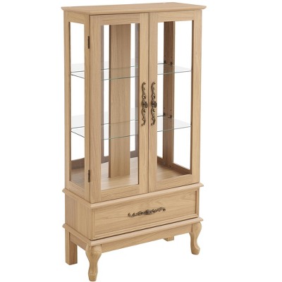 Vynxaria Lighted Curio Cabinet: Adjustable Glass Shelves, 2 Doors + 1 Drawer, Antique White Display/Wine Storage
