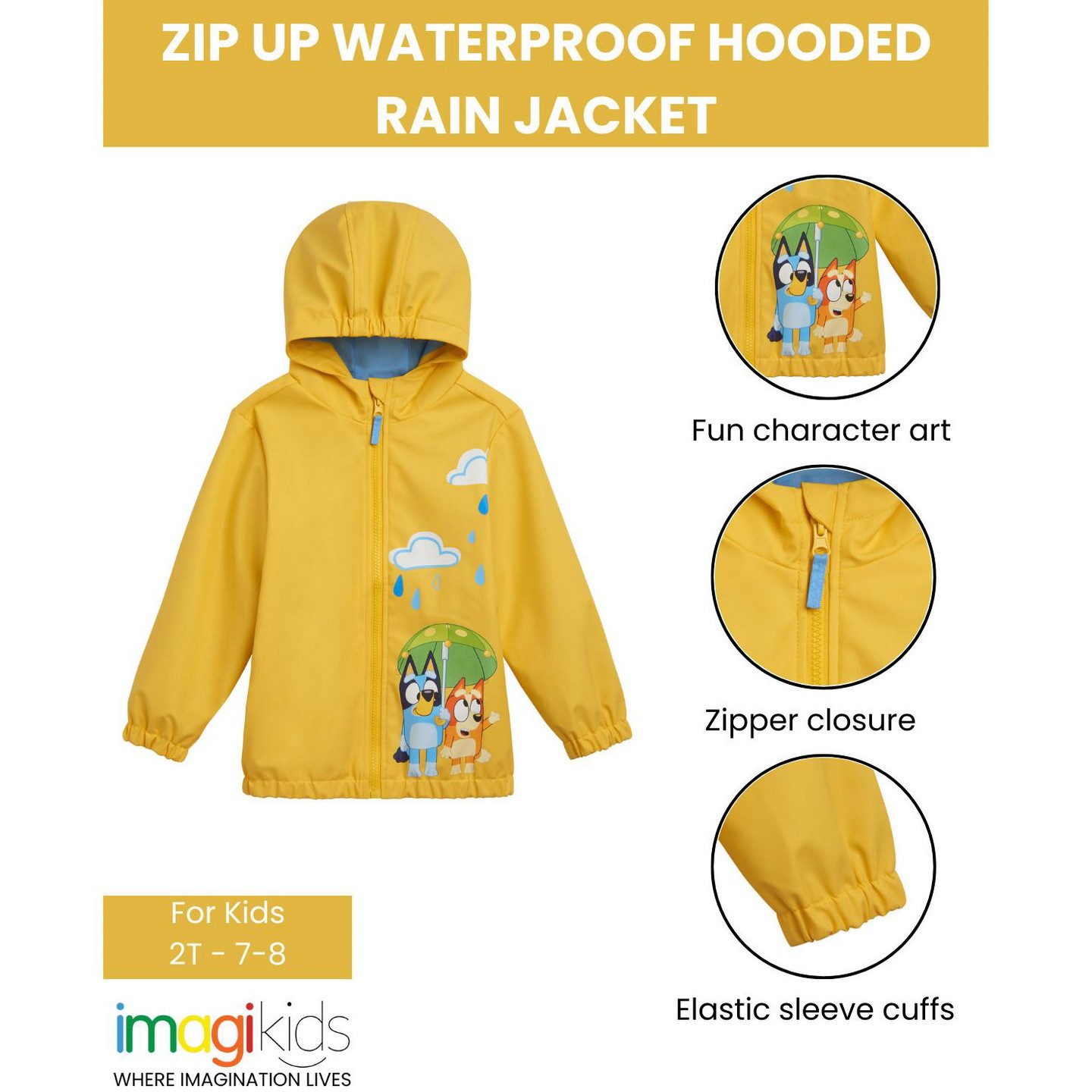 Детская куртка Bluey Boy or Girl Graphic Zip-Up Hooded Rain Jacket Yellow, цвет: Жёлтый — фото 3