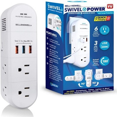 Bell + Howell Swivel Power Strip with 6 Outlets, 3 USB Ports, 180-Degree Rotation and Surge Protection