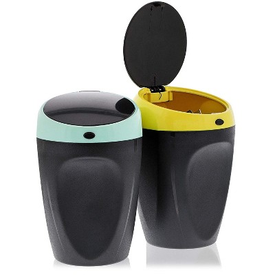 Juvale 2 Pack Small Car Ashtray Mini Trash Can Bin with Lid for Cup Holder, Yellow and Blue, 4 Inches