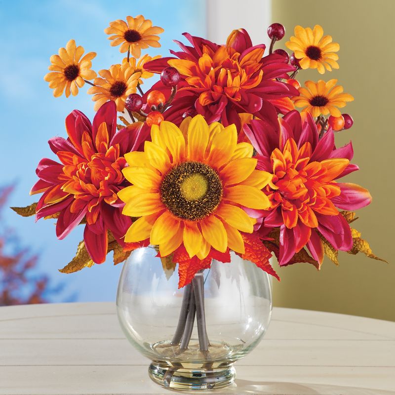 Collections Etc Artificial Mums and Sunflower Centerpiece with Glass Vase 10 X 10 X 11, 2 of 3
