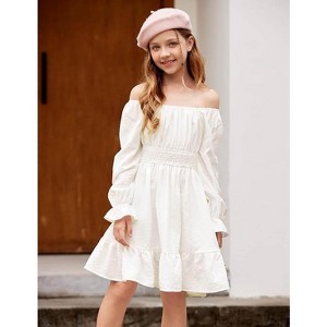 Arshiner Girls Dresses Long Sleeve Tie Back Fall Winter Off Shoulder Dress Kids Clothes - 1 of 4