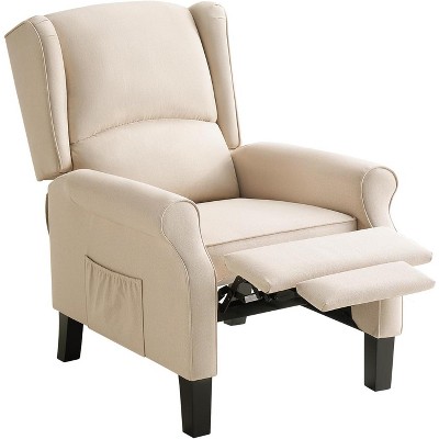 AMERLIFE Pushback Recliner Chair, Modern Fabric Wingback Armchair with Storage Pockets and Wood Legs, Linen, Beige