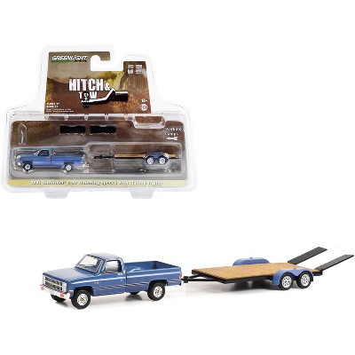 1981 Chevrolet C-20 Trailering Special Truck Blue with Black Stripes and Flatbed Trailer 1/64 Diecast Model Car by Greenlight